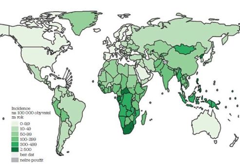 Obr. 1 Výskyt tuberkulózy v&nbsp;roce 2021, počet případů na&nbsp;100 000 obyvatel. Global Tuberculosis Report 2022.