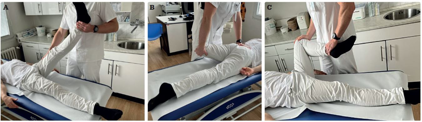 Obr. 2 Některé za&nbsp;základních klinických testů bolestí zad a&nbsp;potenciální radikulární iritace – Lasègueův test (A), Mennellův test (B), FABER (Patrickův) test (C)