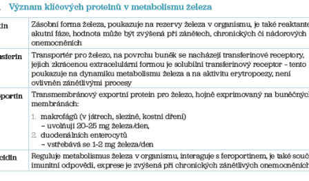 Tab. 1 Význam klíčových proteinů v&nbsp;metabolismu železa